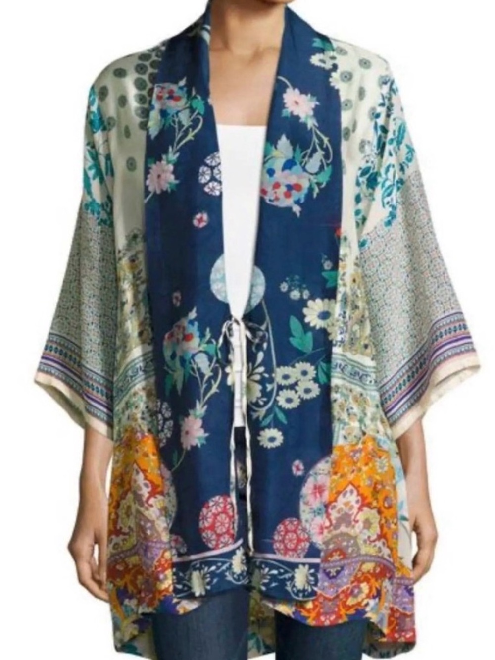 Floral Patchwork Open-Front Kimono Jacket - Blue Multi